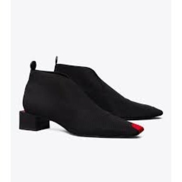 T-104. Tory Burch Elastic Ankle Bootie Perfect Black Triple Red US 8